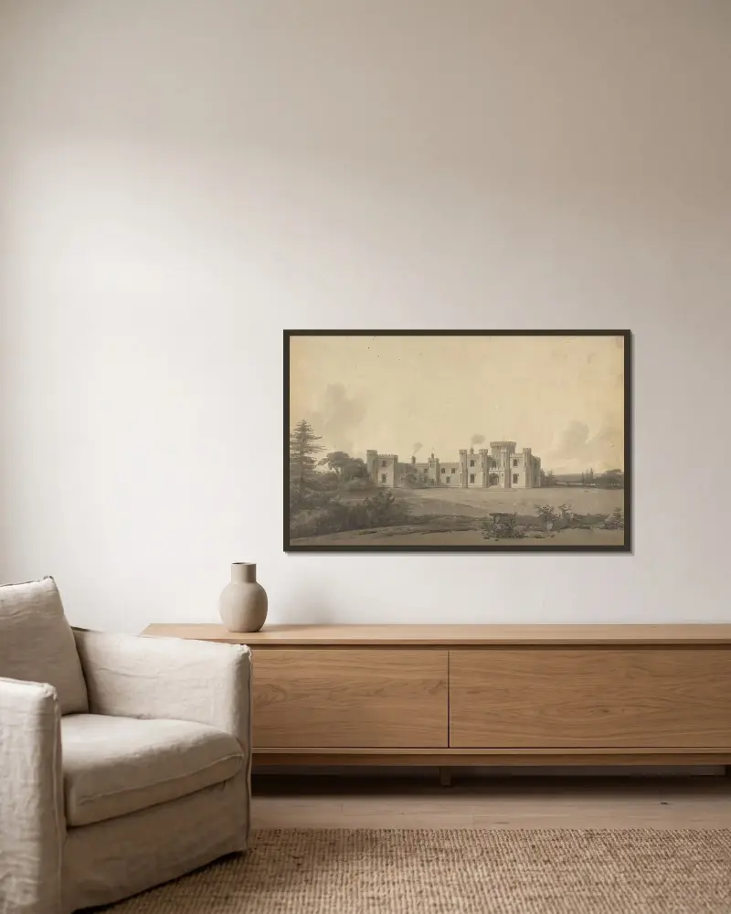 Design for Knepp Castle, Sussex: Perspective av John Nash inramad på en vägg