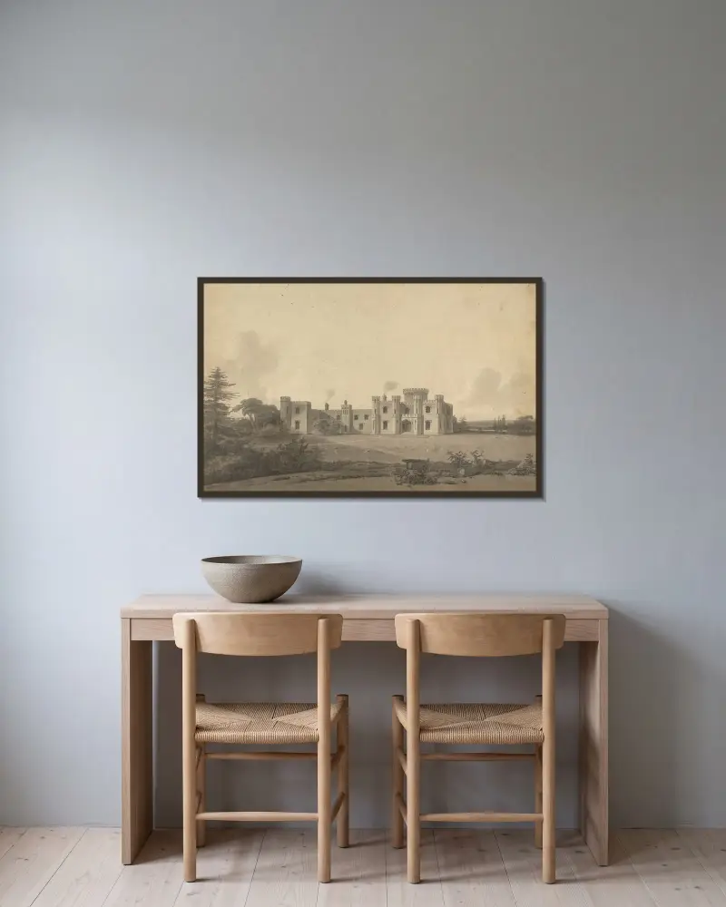 Design for Knepp Castle, Sussex: Perspective av John Nash inramad på en vägg