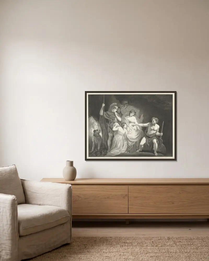 Timon von Athen, IV. Akt, III. Szene, ein Wald – Timon, Phrynia von John Opie gerahmt an einer Wand