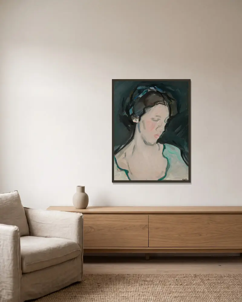 Porträtt av en ung kvinna, förmodligen Peggy MacRae av Samuel John Peploe inramad på en vägg