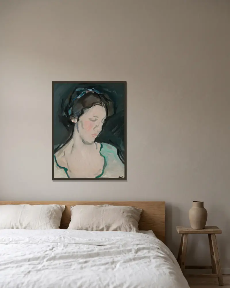 Porträtt av en ung kvinna, förmodligen Peggy MacRae av Samuel John Peploe inramad på en vägg