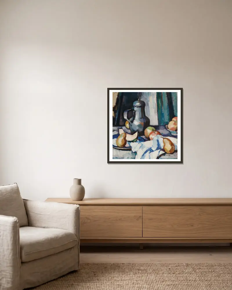Äpfel und Zinnplatte von Samuel John Peploe gerahmt an einer Wand