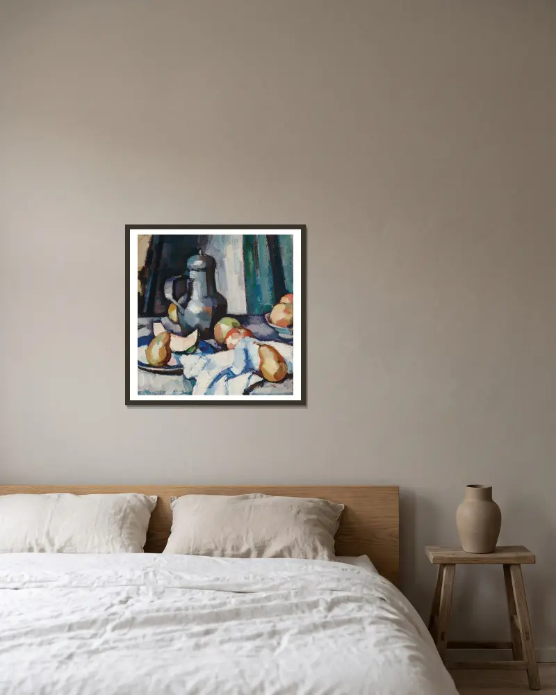 Äpfel und Zinnplatte von Samuel John Peploe gerahmt an einer Wand