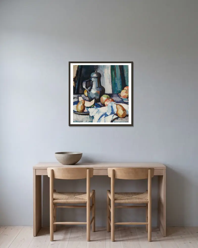 Äpfel und Zinnplatte von Samuel John Peploe gerahmt an einer Wand