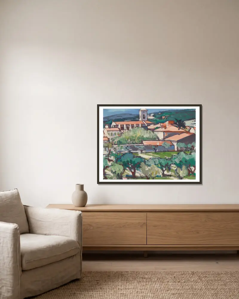 Kirche in Cassis von Samuel John Peploe gerahmt an einer Wand