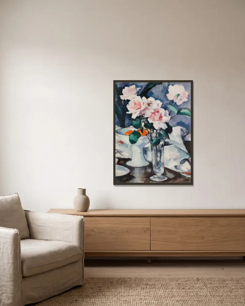 Pink Roses in a Glass Vase – nr 1 av Samuel John Peploe inramad på en vägg