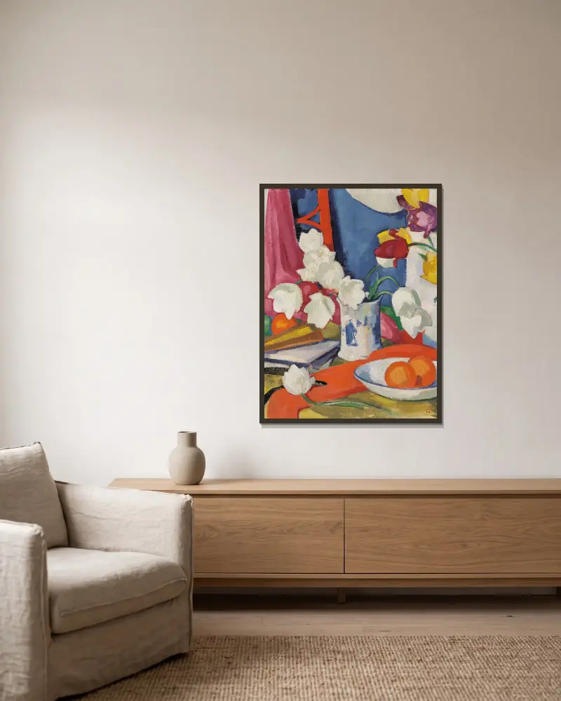 Rote und weiße Tulpen von Samuel John Peploe gerahmt an einer Wand