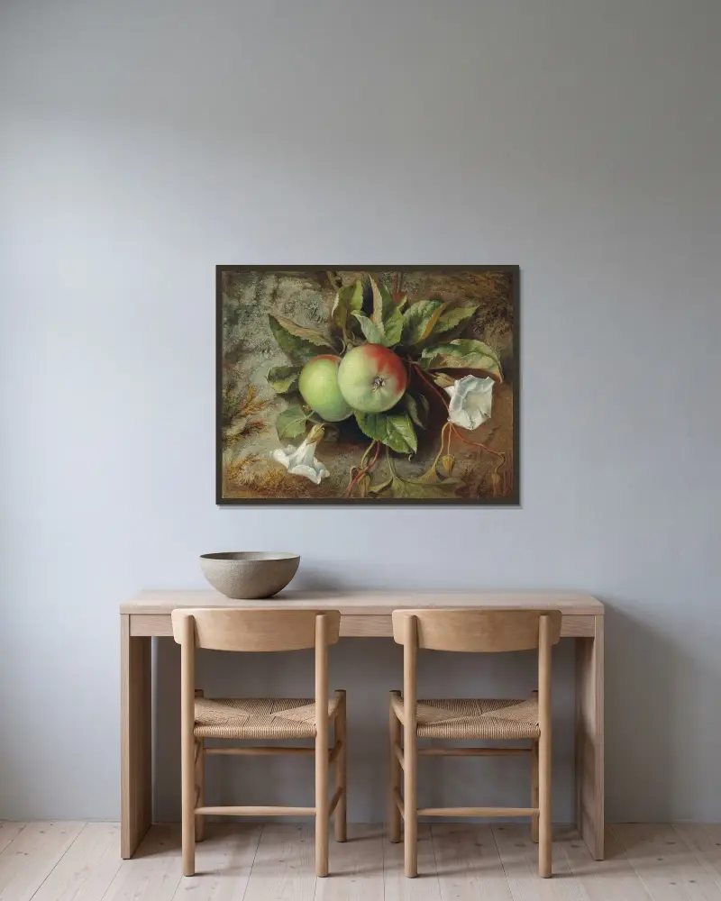 Höst; äpplen och vindeschok av Edward John Poynter inramad på en vägg