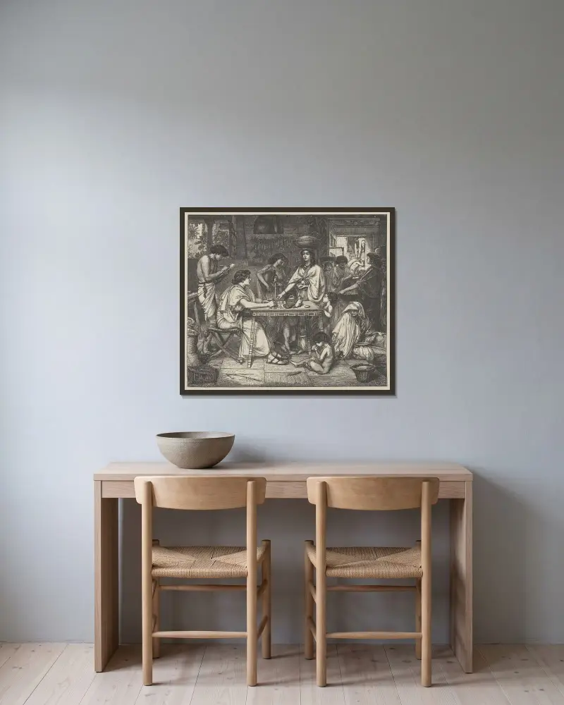 Joseph verteilt Getreide von Edward John Poynter gerahmt an einer Wand