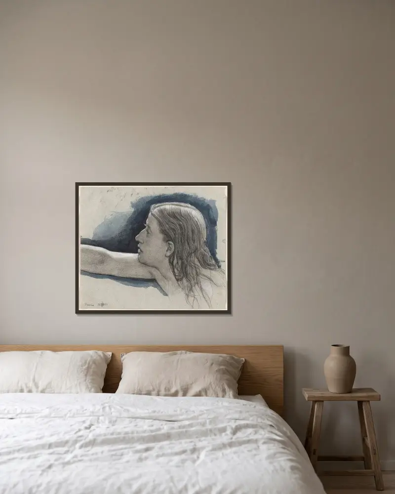 Studie av en ung mans huvud med höger arm utsträckt av Edward John Poynter inramad på en vägg