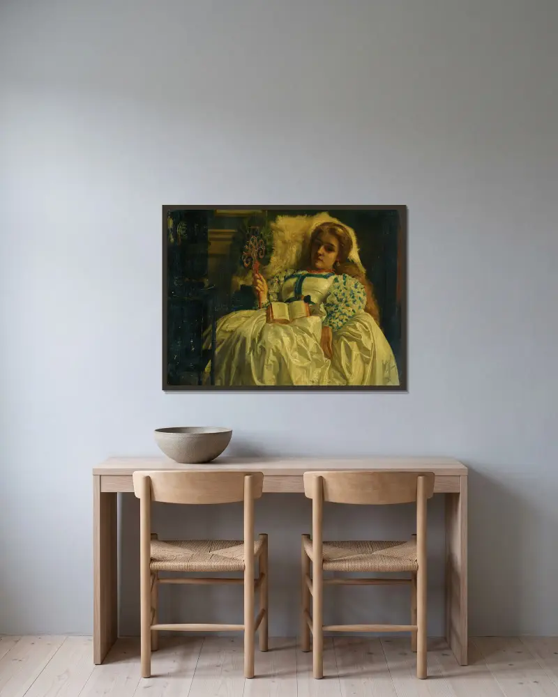 The Peacock Fan av Edward John Poynter inramad på en vägg