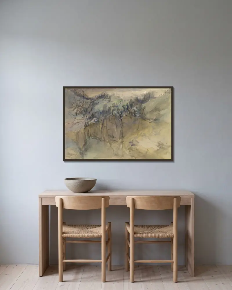 Alpská scéna, John Ruskin v rámu na stěně