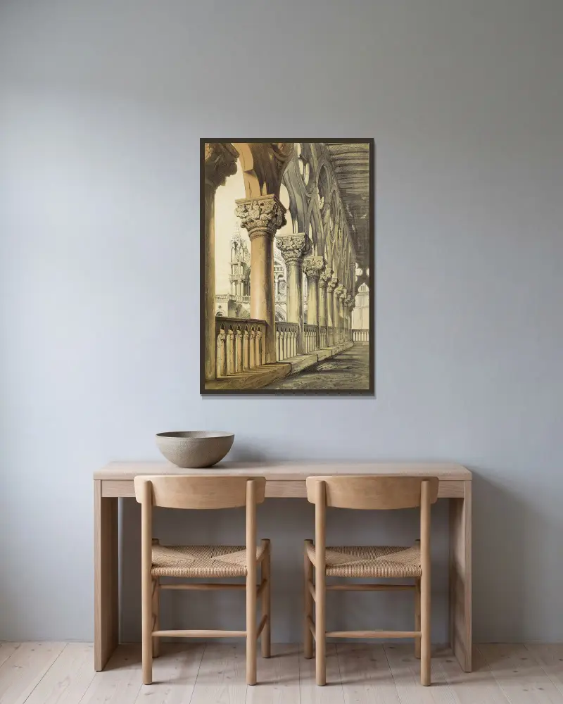 Exempel på venetiansk arkitektur – Dogepalatset, renässanskapitäl i loggian av John Ruskin inramad på en vägg