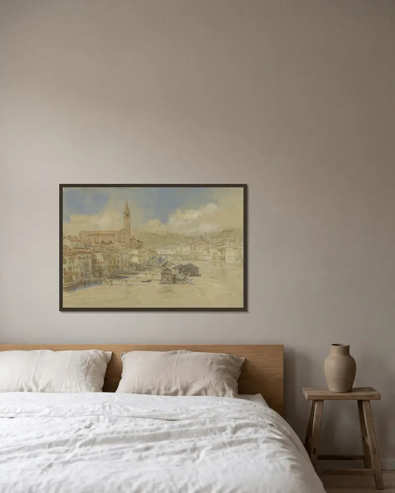 Gezicht op S. Anastasia te Verona, over de Adige av John Ruskin inramad på en vägg