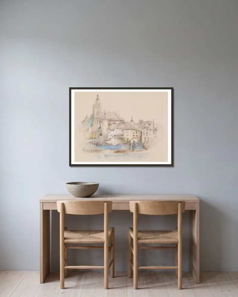 Lauffenburg am Rhein von John Ruskin gerahmt an einer Wand