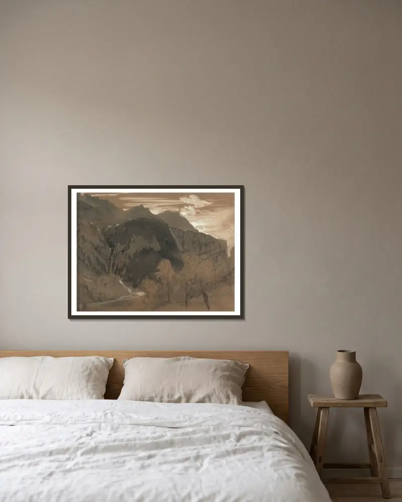 Berglandschaft – Nr. 1 von John Ruskin gerahmt an einer Wand