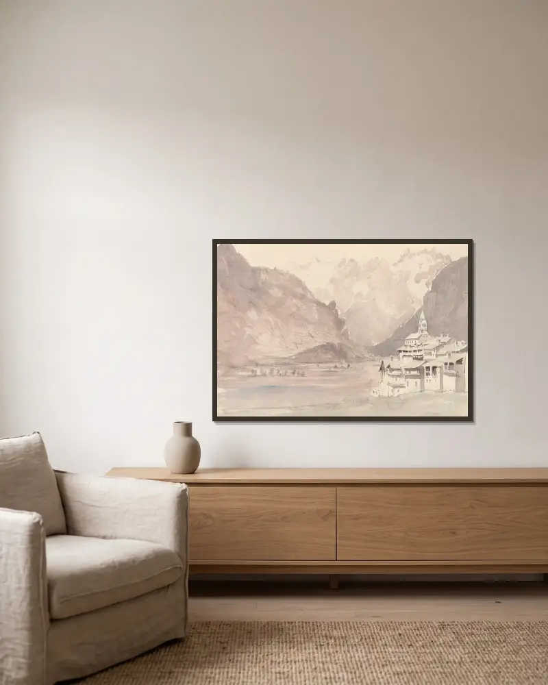 Schweizer Berglandschaft von John Ruskin gerahmt an einer Wand