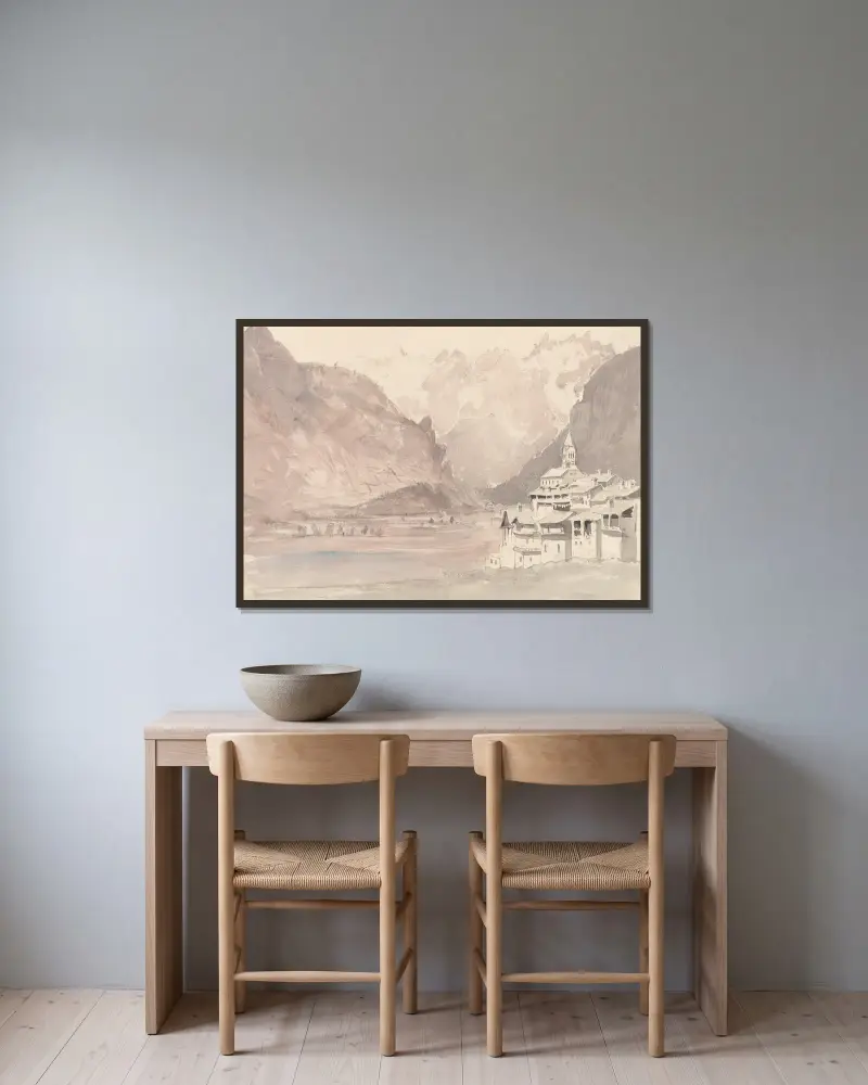 Schweizer Berglandschaft von John Ruskin gerahmt an einer Wand
