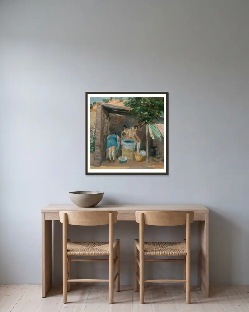 Waschtag, Santa Fe von John Sloan gerahmt an einer Wand