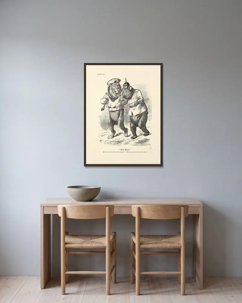 Allt väl! av Sir John Tenniel inramad på en vägg