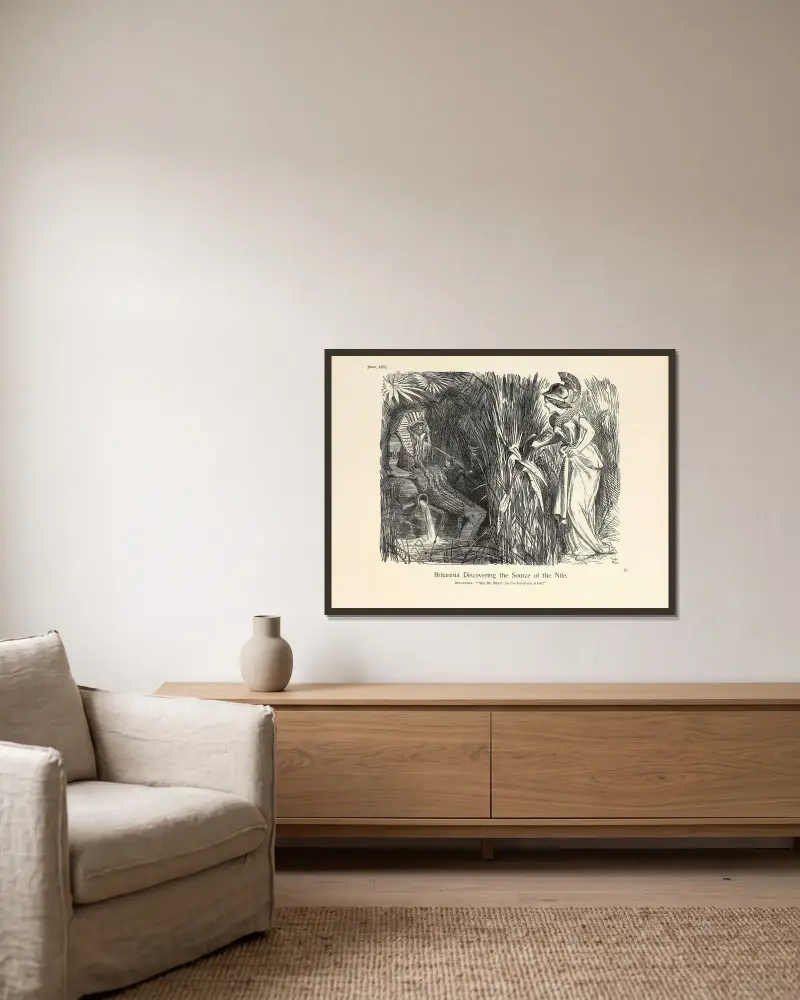 Britannia upptäcker Nilens källa av Sir John Tenniel inramad på en vägg