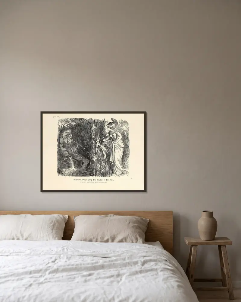 Britannia upptäcker Nilens källa av Sir John Tenniel inramad på en vägg