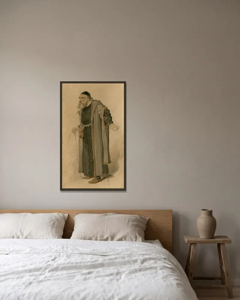 Kostymdesign för Köpmannen i Venedig, Shylock av Sir John Tenniel inramad på en vägg