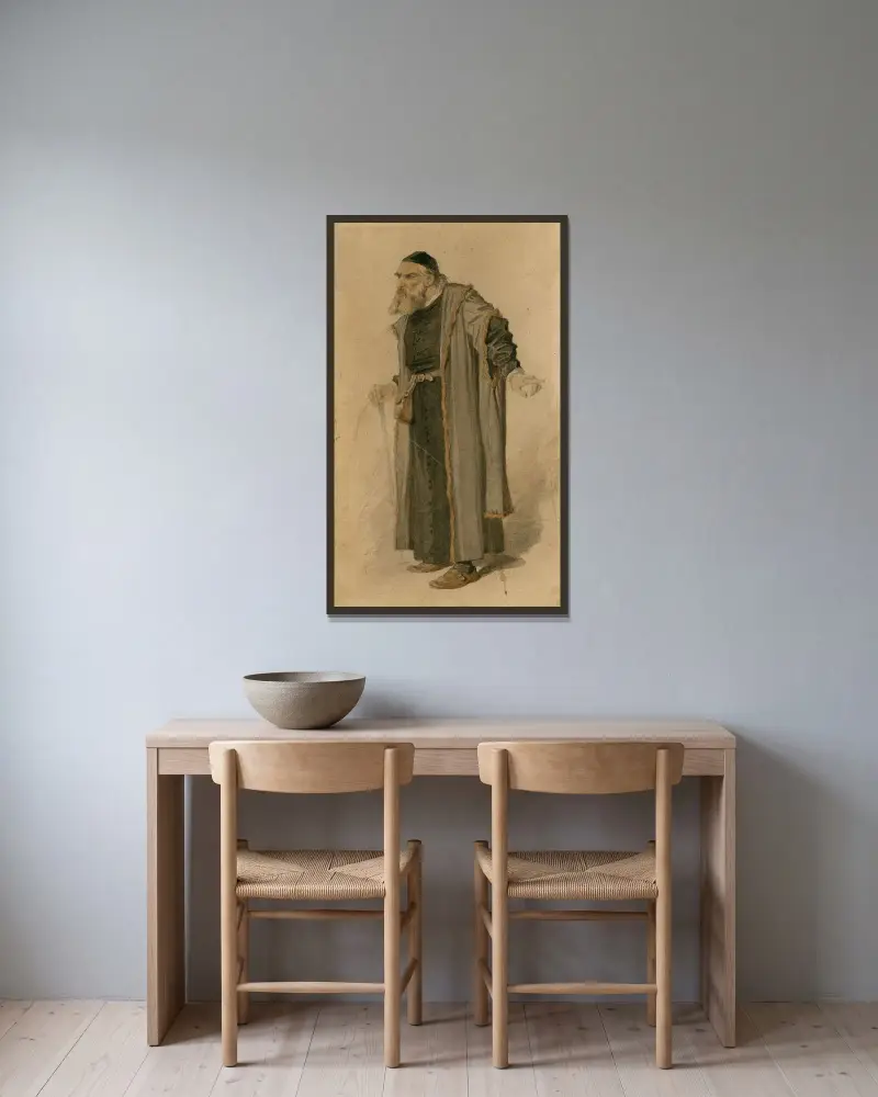 Kostymdesign för Köpmannen i Venedig, Shylock av Sir John Tenniel inramad på en vägg