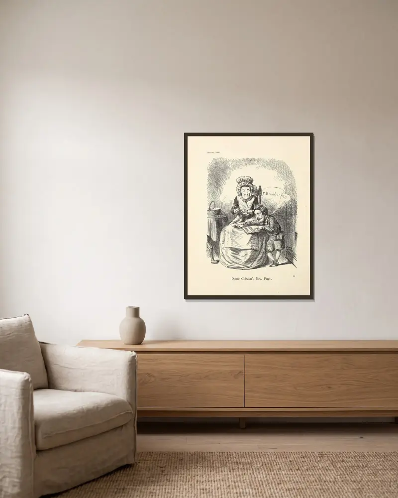 Dame Cobden’s New Pupil av Sir John Tenniel inramad på en vägg