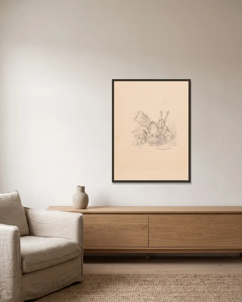 Drawing of Hatter and March Hare putting dormouse in teapot av Sir John Tenniel inramad på en vägg