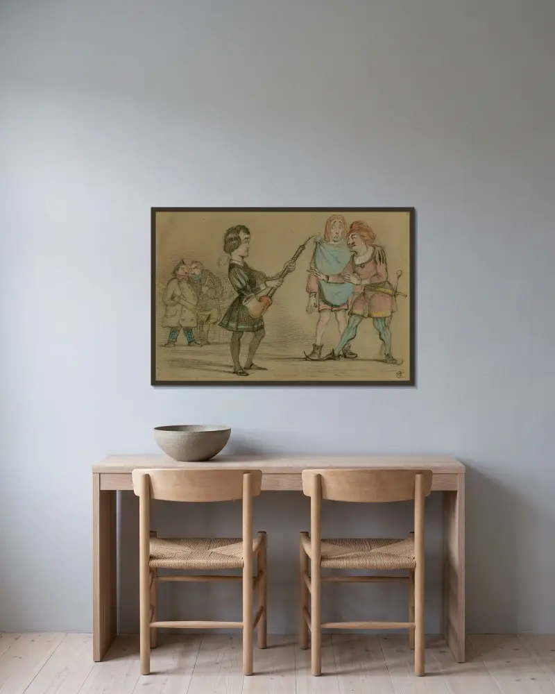 Hamlet act 3rd, scene 2d ; Hamlet, Rosencrants & Guildenstern av Sir John Tenniel inramad på en vägg