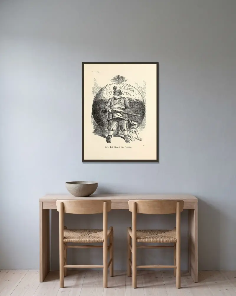 John Bull vaktar sin pudding av Sir John Tenniel inramad på en vägg
