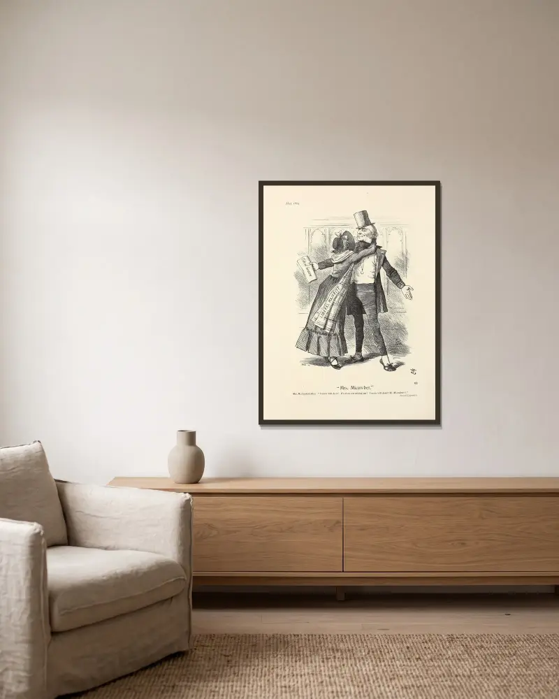 ‘Mrs. Micawber’ av Sir John Tenniel inramad på en vägg