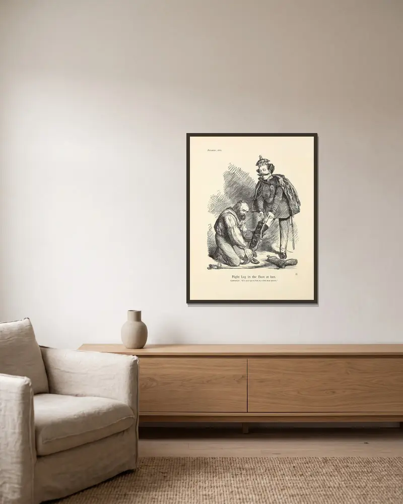 Högerbenet i stöveln äntligen av Sir John Tenniel inramad på en vägg