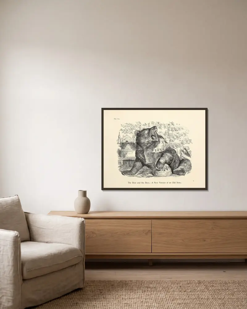 Björnen och bina. – En ny version av en gammal historia av Sir John Tenniel inramad på en vägg