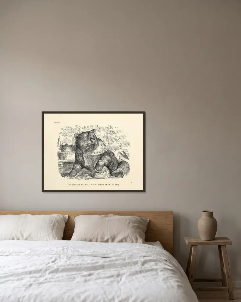 Björnen och bina. – En ny version av en gammal historia av Sir John Tenniel inramad på en vägg