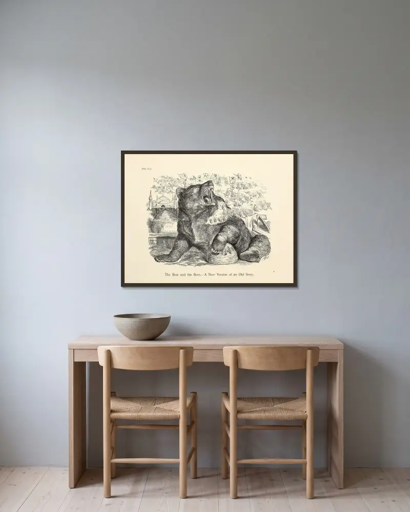 Björnen och bina. – En ny version av en gammal historia av Sir John Tenniel inramad på en vägg