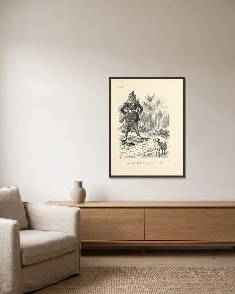 Den franska vargen och det siamesiska lammet av Sir John Tenniel inramad på en vägg