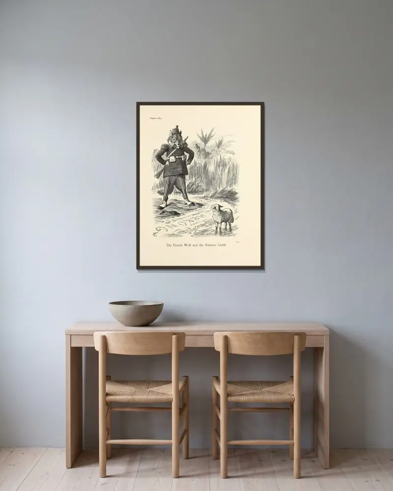 Den franska vargen och det siamesiska lammet av Sir John Tenniel inramad på en vägg