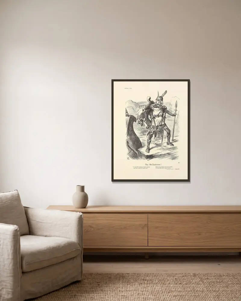 The McGladstone! av Sir John Tenniel inramad på en vägg