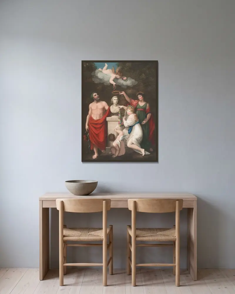 Æsculapius, Ceres, and Cupid honouring the bust of Linnæus av Robert John Thornton inramad på en vägg