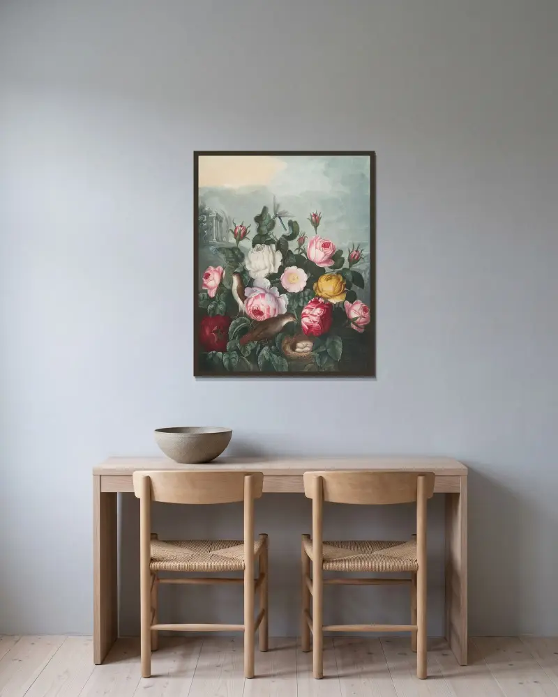 Rosor av Robert John Thornton inramad på en vägg