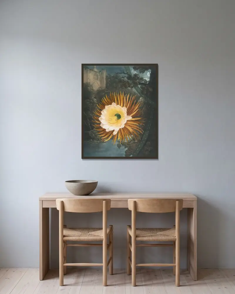 Die Nachtblühende Cereus von Robert John Thornton gerahmt an einer Wand