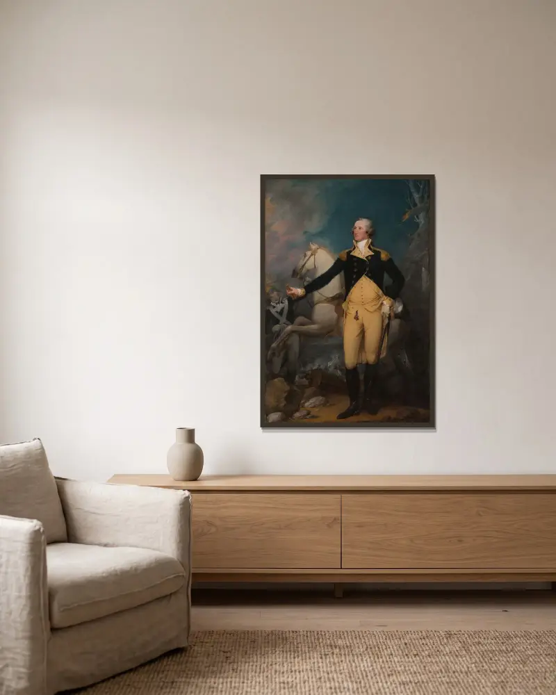 General George Washington at Trenton av John Trumbull inramad på en vägg