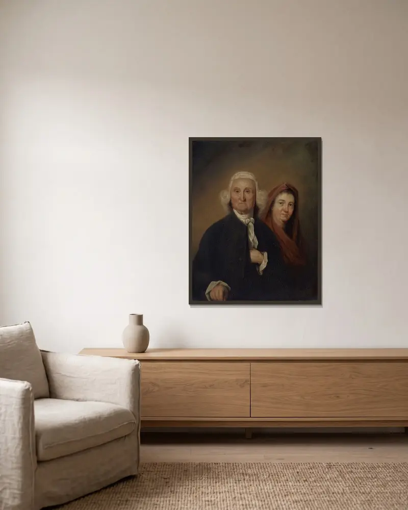 Guvernör Jonathan Trumbull Sr. och Mrs. Trumbull (Faith Robinson) av John Trumbull inramad på en vägg