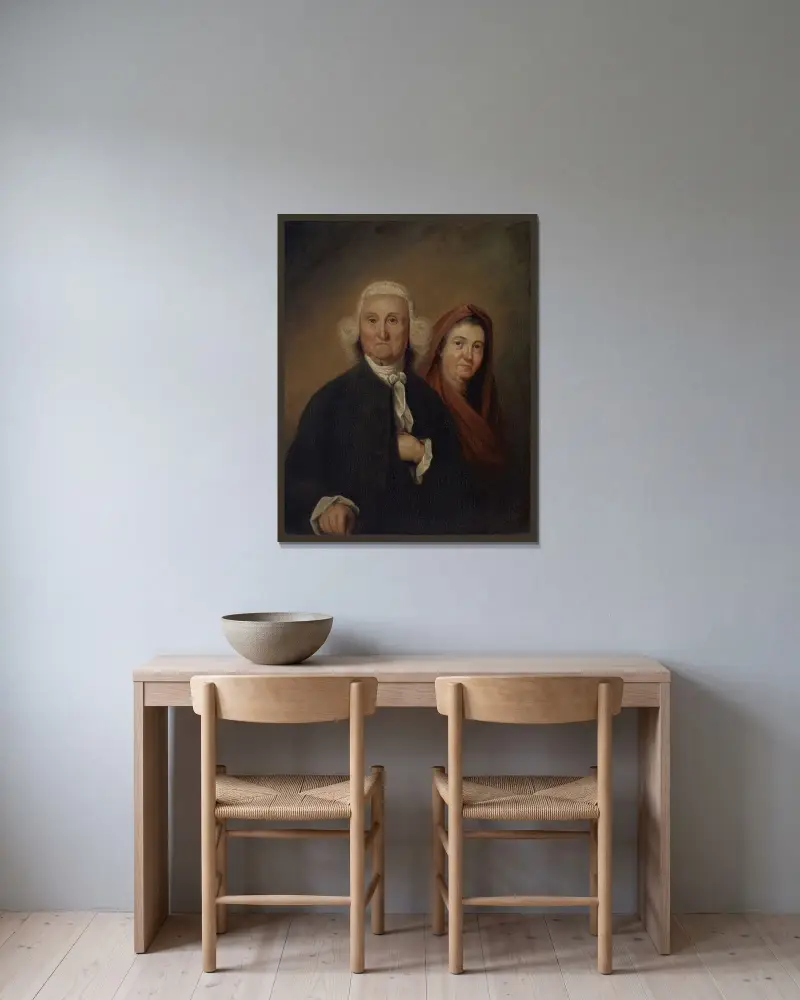 Guvernör Jonathan Trumbull Sr. och Mrs. Trumbull (Faith Robinson) av John Trumbull inramad på en vägg