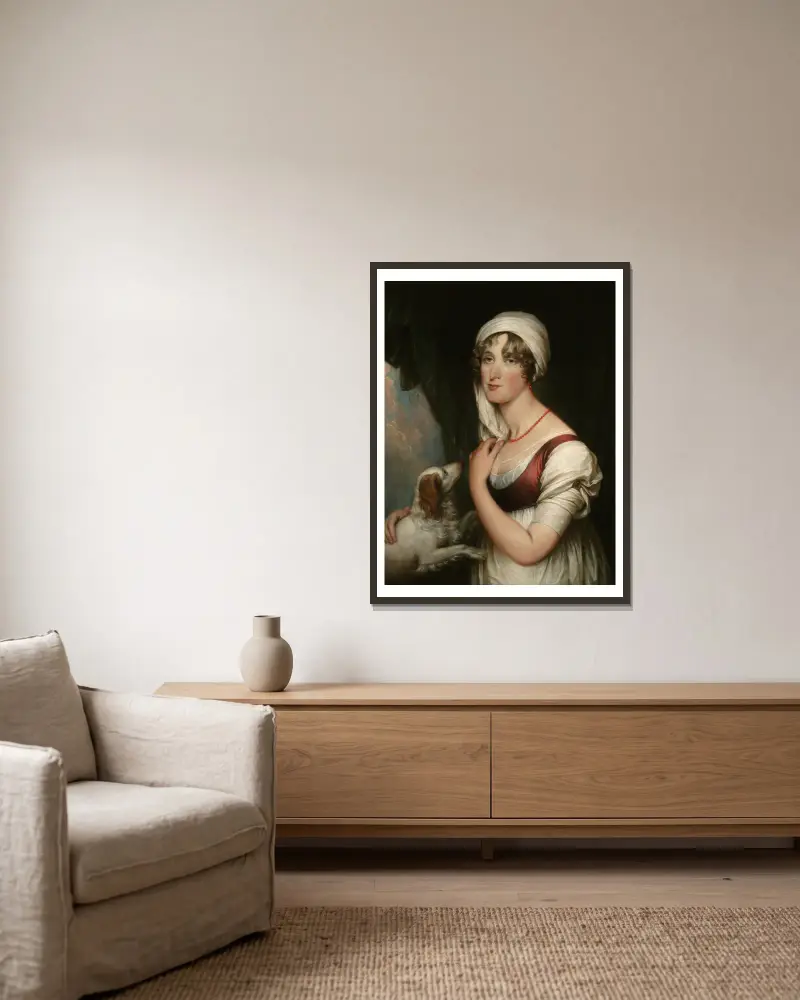 Sarah Trumbull mit einem Spaniel von John Trumbull gerahmt an einer Wand