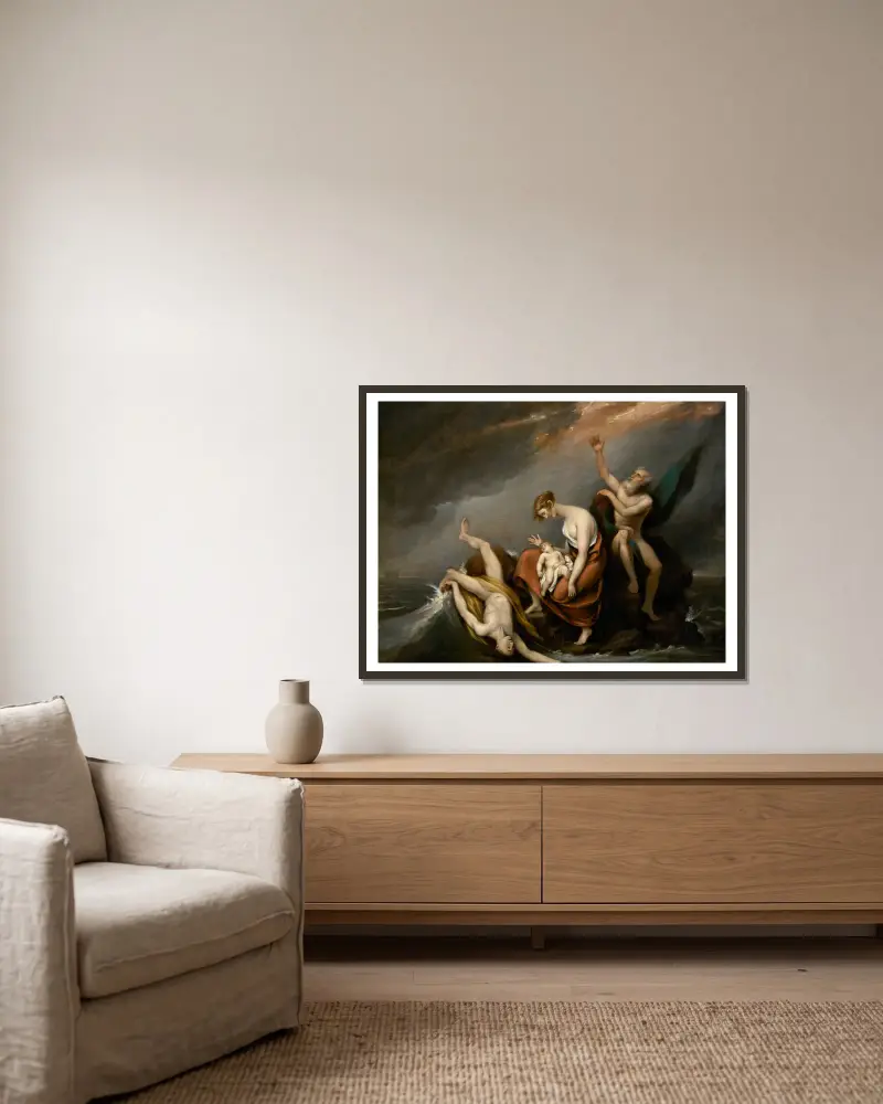 Den sista familjen som omkom i syndafloden (Första Moseboken 7:4–24) av John Trumbull inramad på en vägg