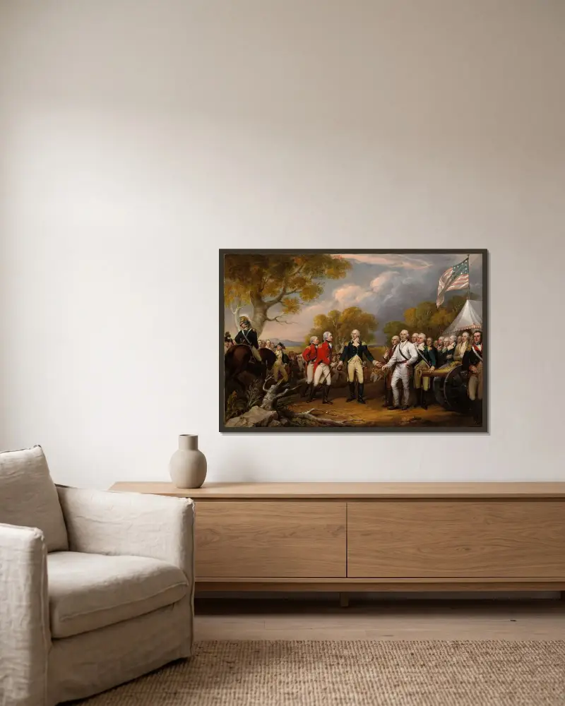 General Burgoynes kapitulation vid Saratoga, 16 oktober av John Trumbull inramad på en vägg