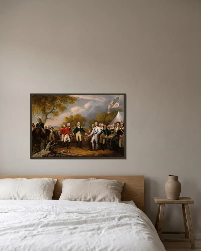 General Burgoynes kapitulation vid Saratoga, 16 oktober av John Trumbull inramad på en vägg